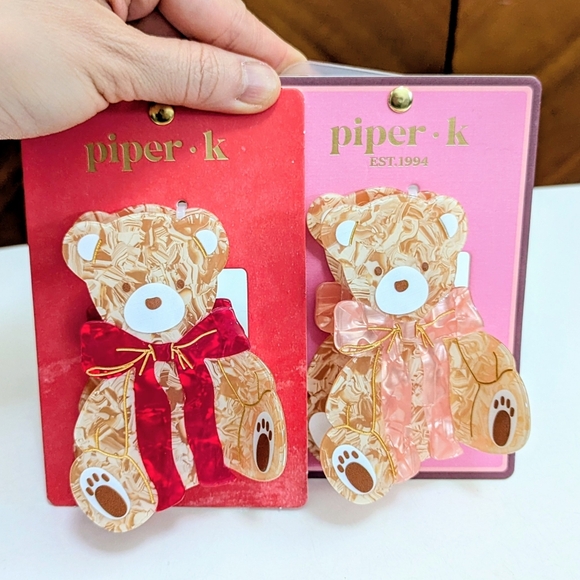 2 NEW PiperK Teddy Bear Pink + Red Bow Hair Claw Clips